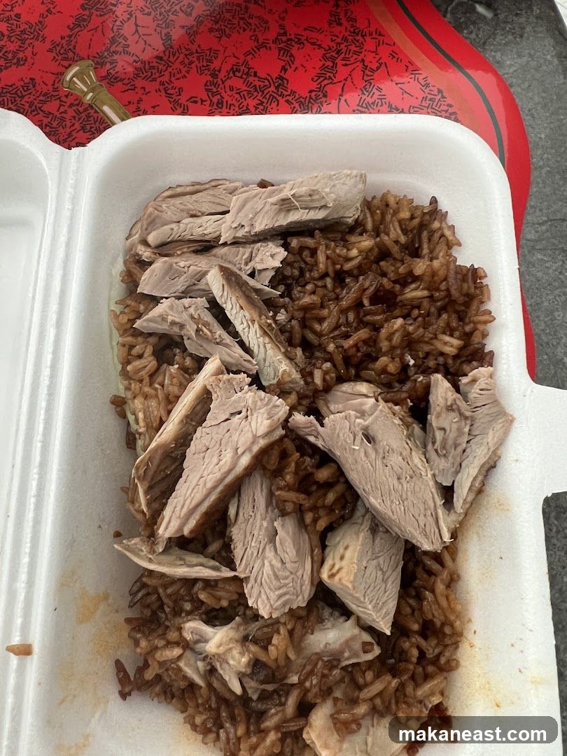 Sliced meat and rice in a takeout container