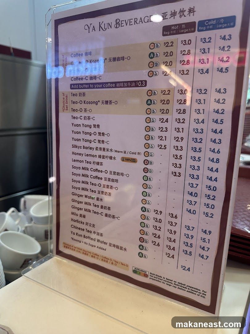 Ya Kun Beverage Menu