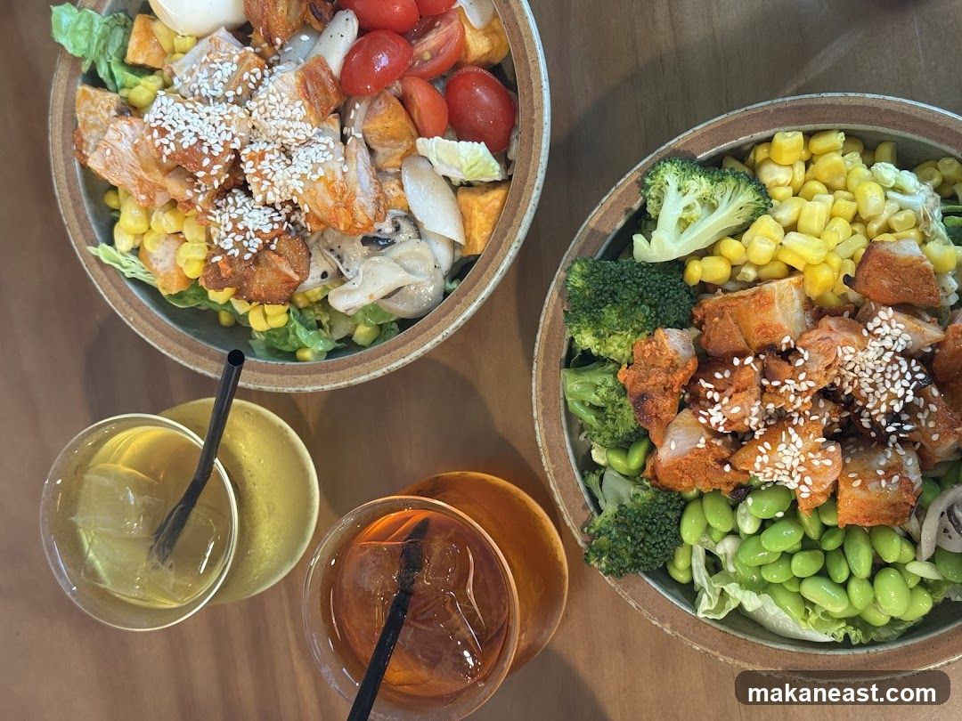 Two salads and drinks