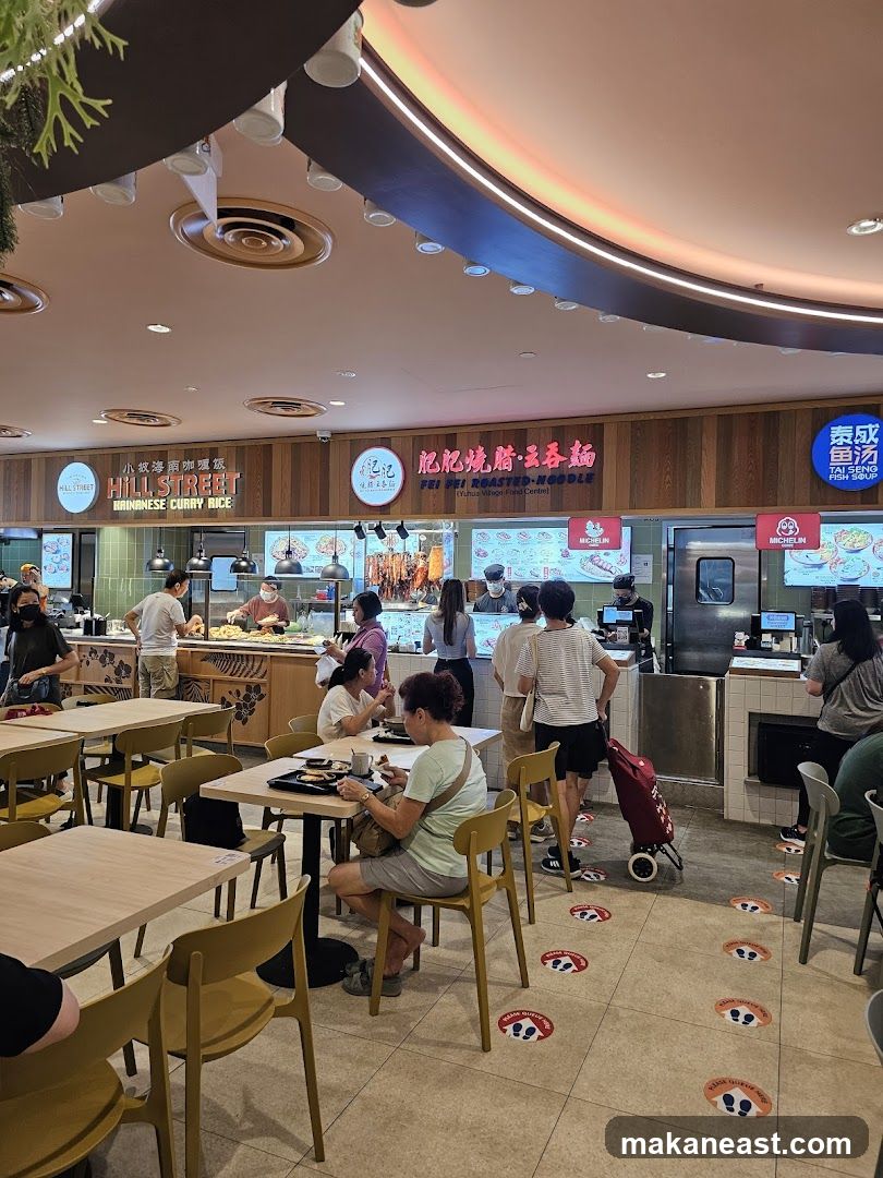 Food court with various stalls and seating