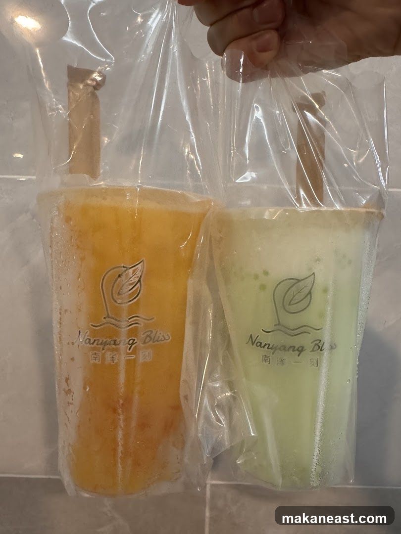 Two drinks in plastic bags