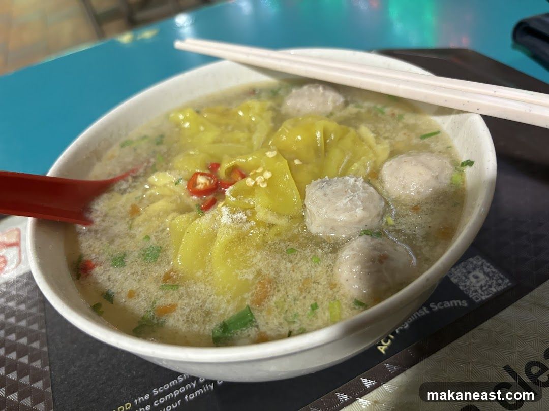 Bowl of Noodles with Meatballs and Wontons