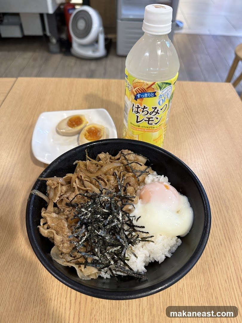 Beef Bowl with Soft-Boiled Egg and Drink