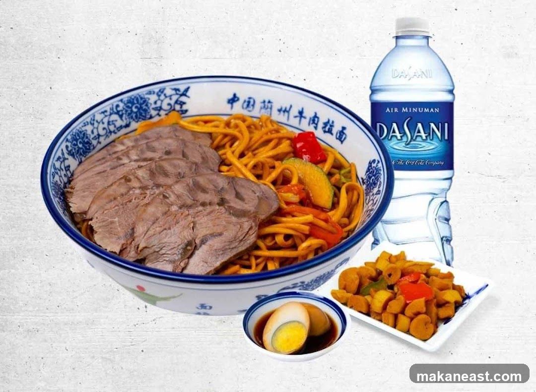 Beef Noodles with Side Dishes and Water