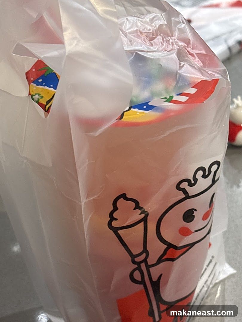 Plastic bag with drinks and colorful packaging