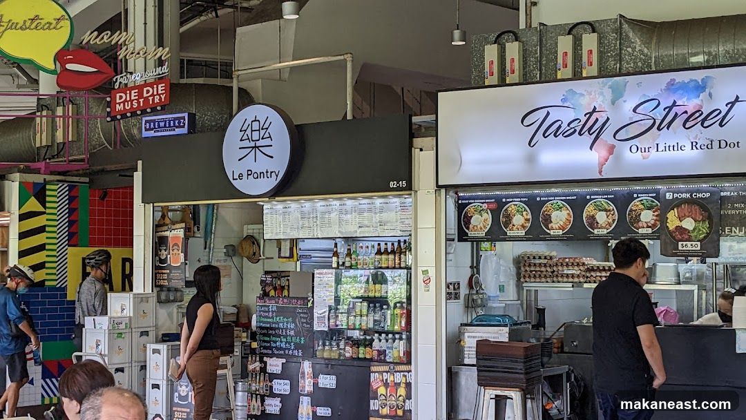 Food stalls with menus and signage