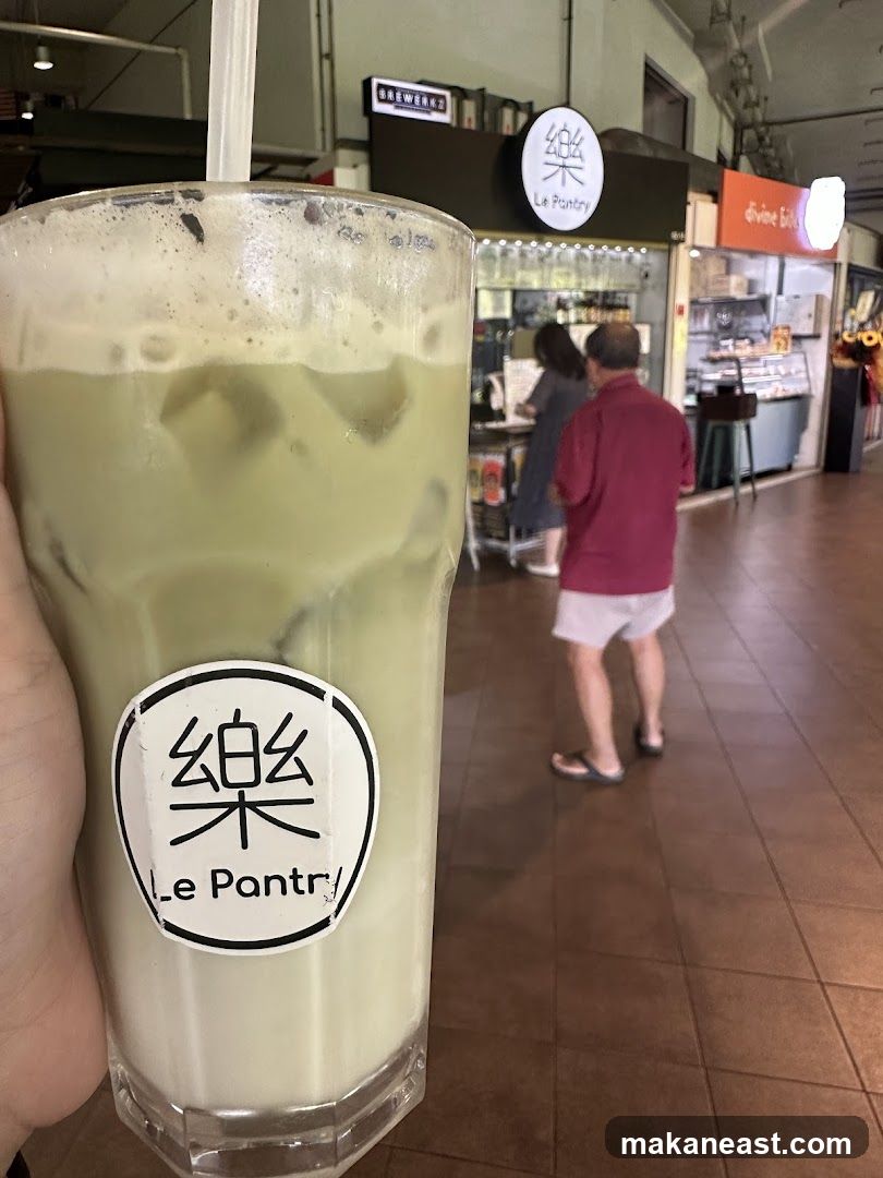 Iced Matcha Latte with Le Pantry Logo