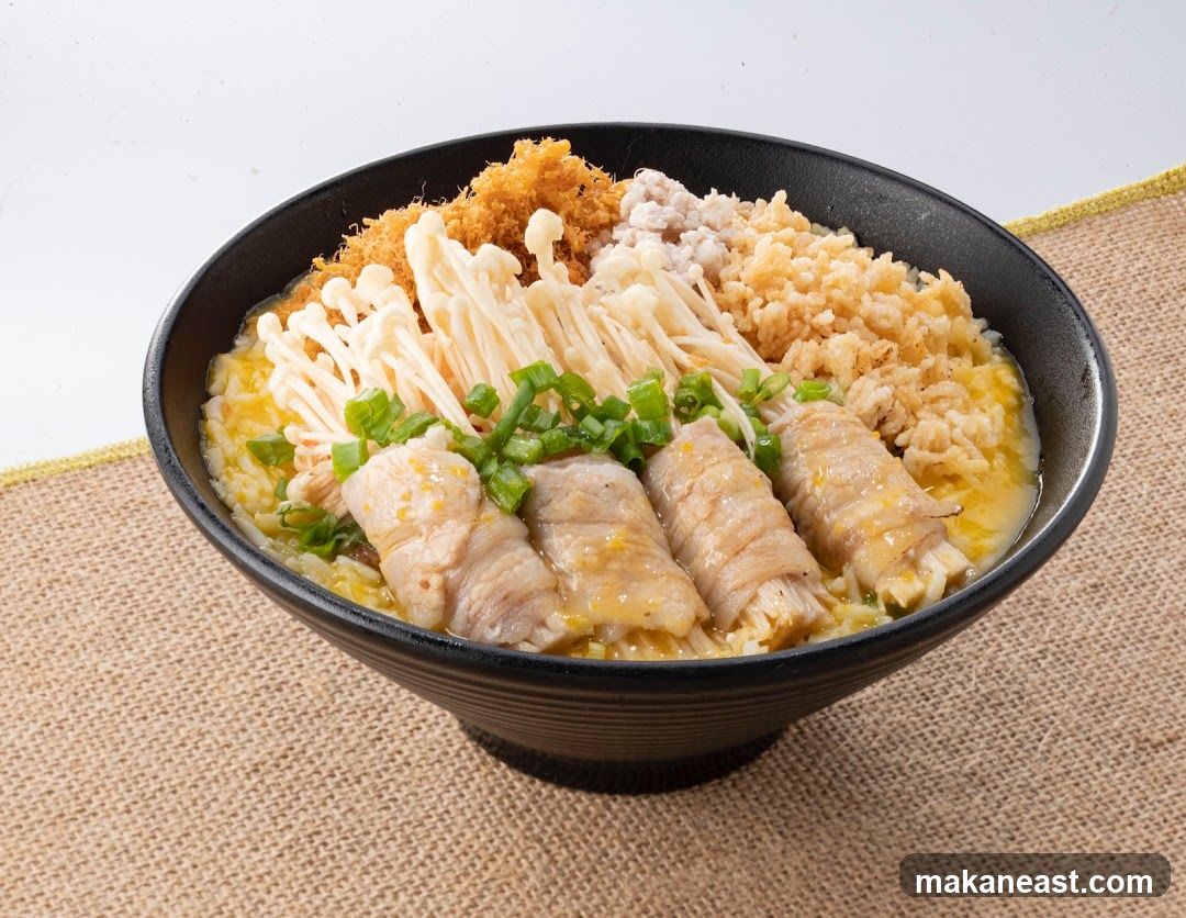 Congee with Enoki Mushrooms and Pork Rolls