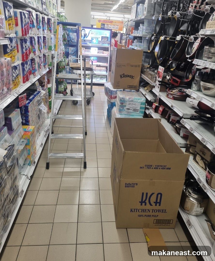 Supermarket Aisle with Products and Ladder
