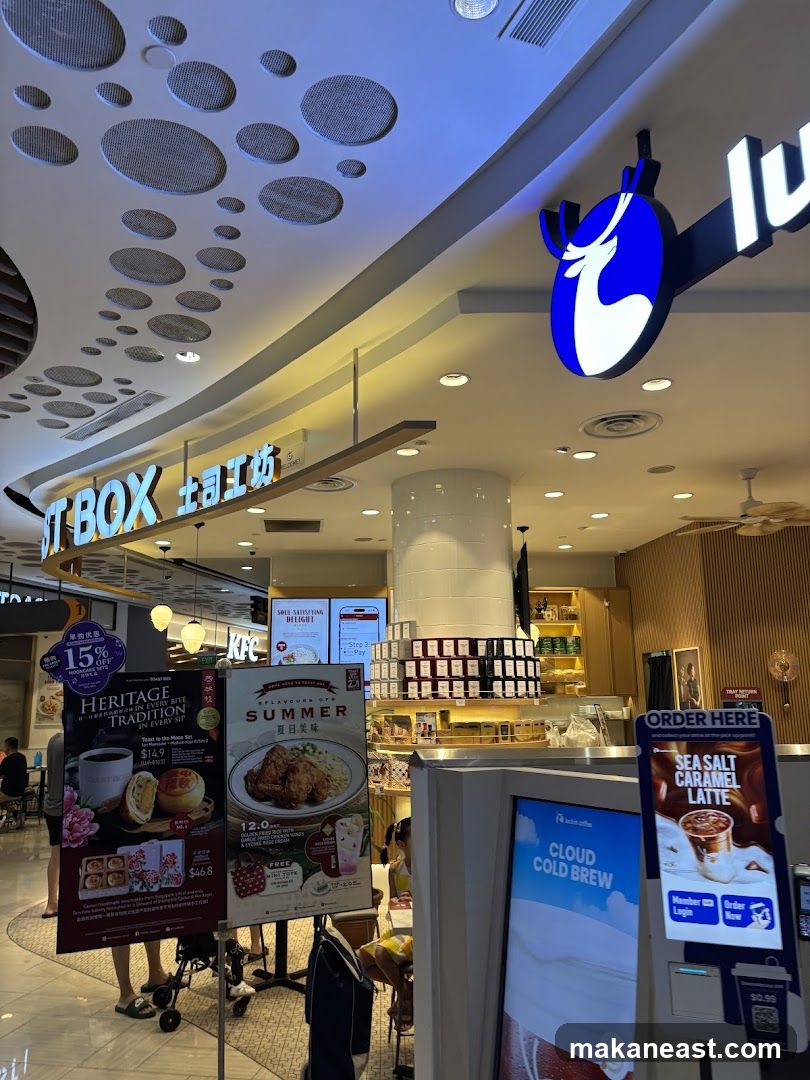 Food court with various food stalls and promotions