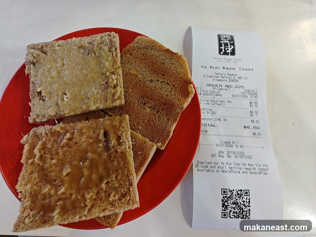 Ya Kun Kaya Toast Receipt and Toast