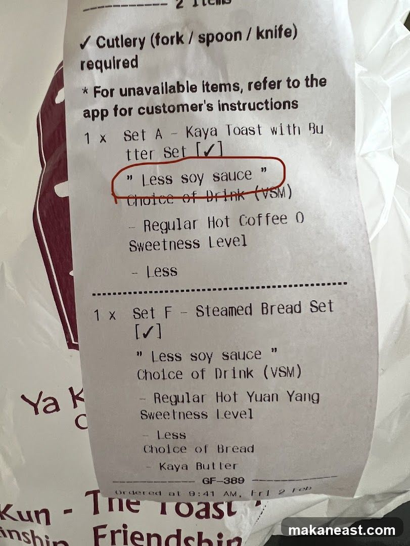 Receipt with food order details