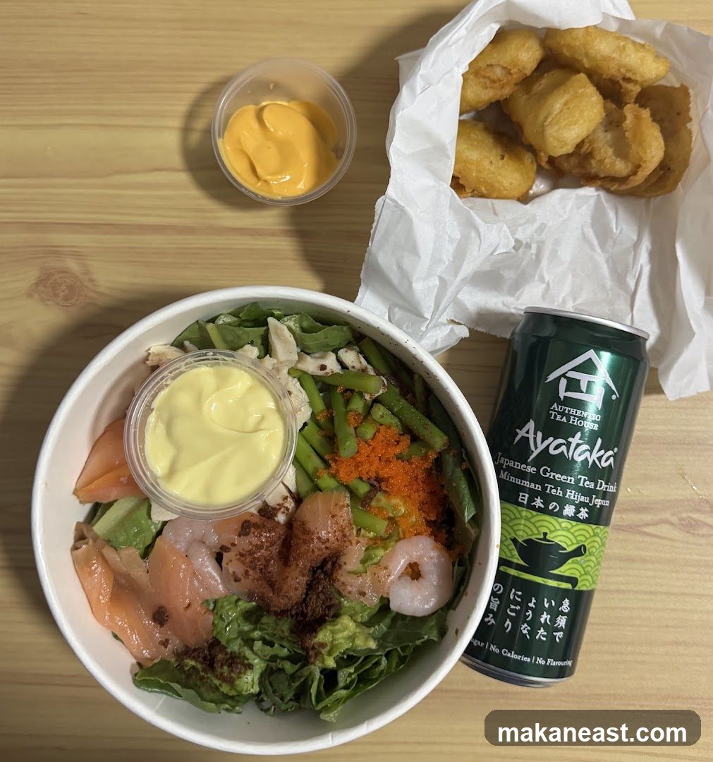 Poke bowl with fried chicken and green tea