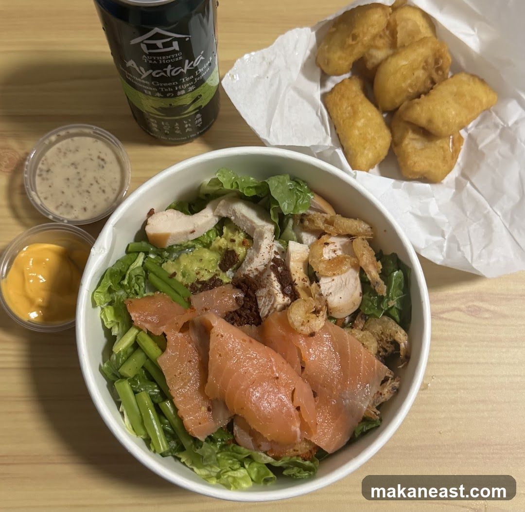 Salmon and Chicken Salad with Fried Bites and Green Tea