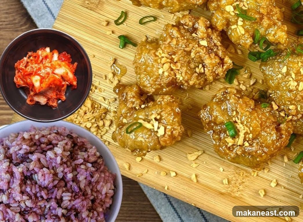 Korean Fried Chicken with Rice and Kimchi