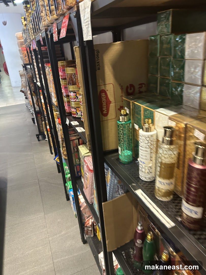Shelves stocked with various products
