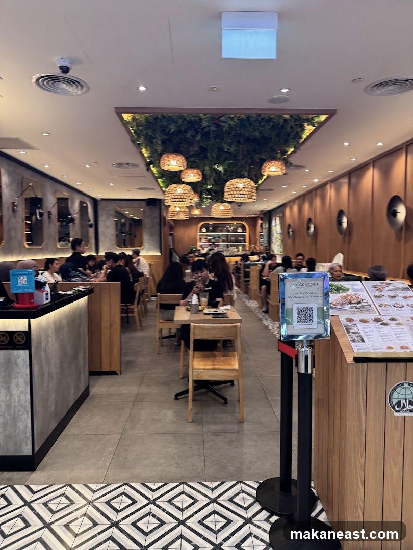 Restaurant Interior with Greenery and Woven Lamps