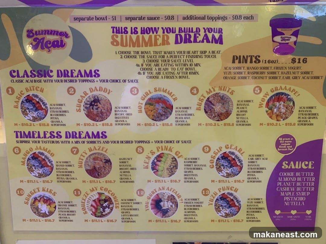 Summer Açai Menu