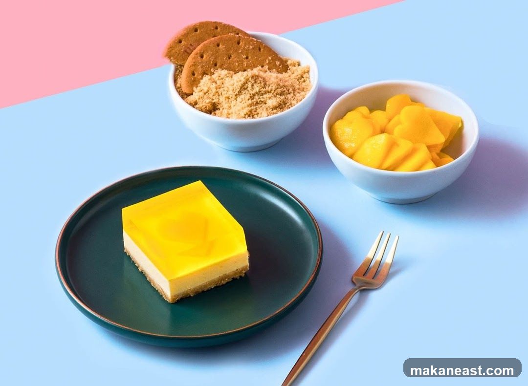 Mango cheesecake slice with toppings