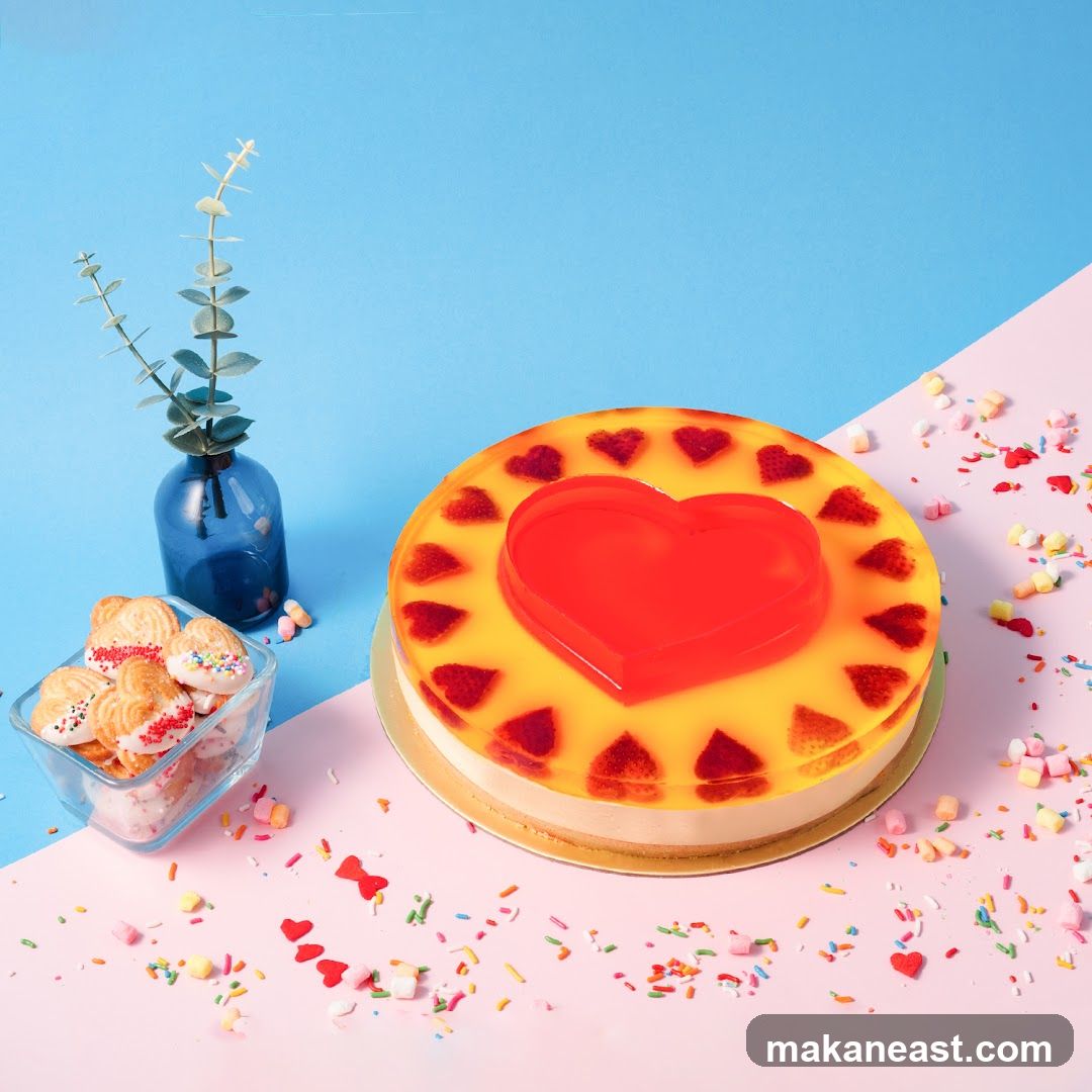 Heart-shaped Jelly Cake with Strawberries and Cookies