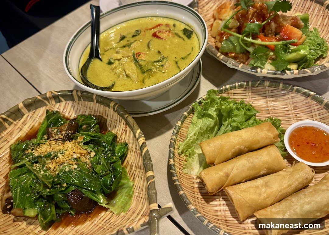 Thai Green Curry with Spring Rolls and Stir-Fried Greens