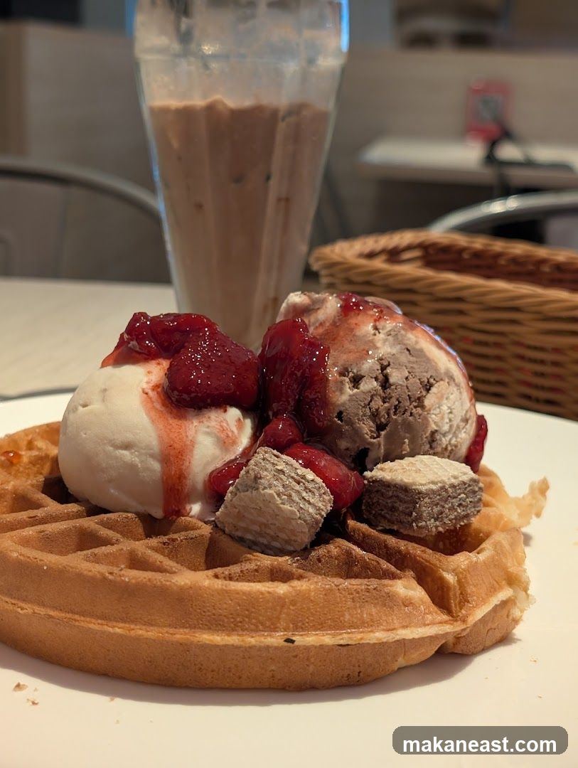 Waffle with Ice Cream and Strawberry Topping