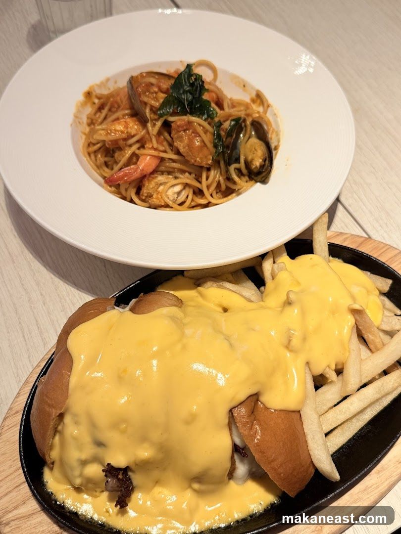 Cheesy Burger and Seafood Pasta