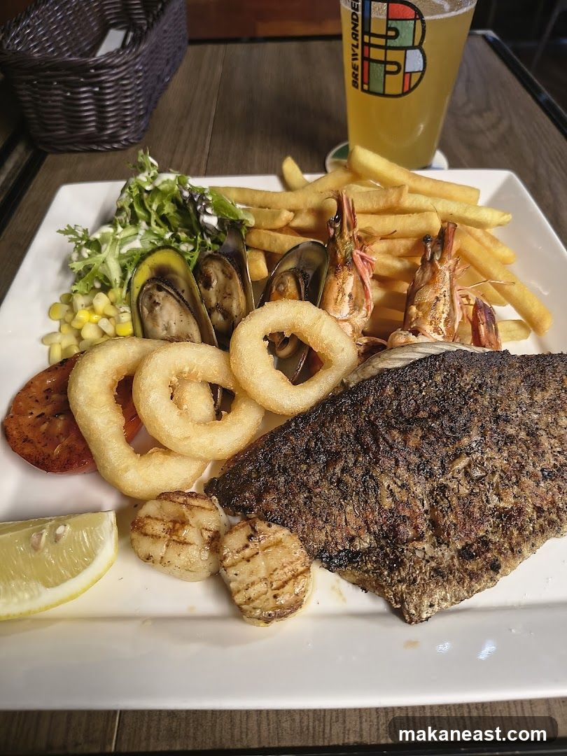 Seafood Platter with Fries and Beer