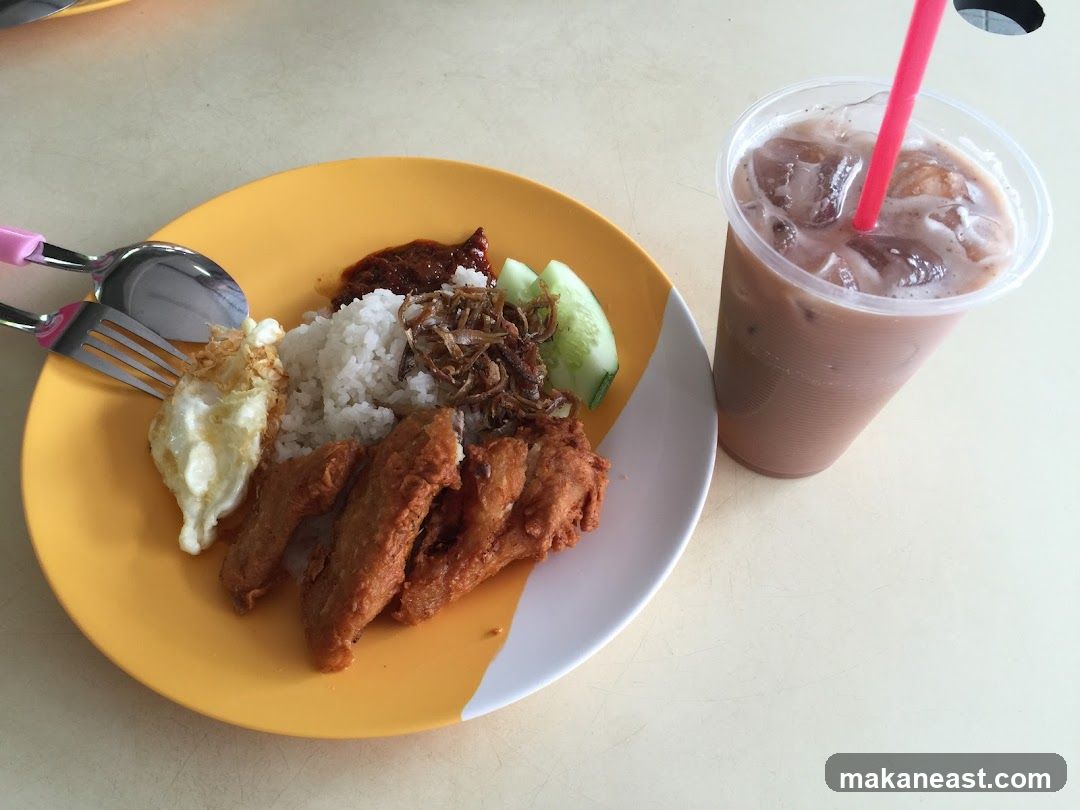 Nasi Lemak with Fried Chicken Wings and Iced Chocolate