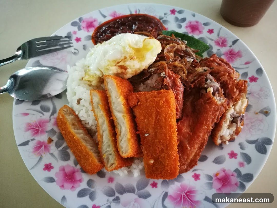 Nasi Lemak with Fried Chicken and Fish Fingers