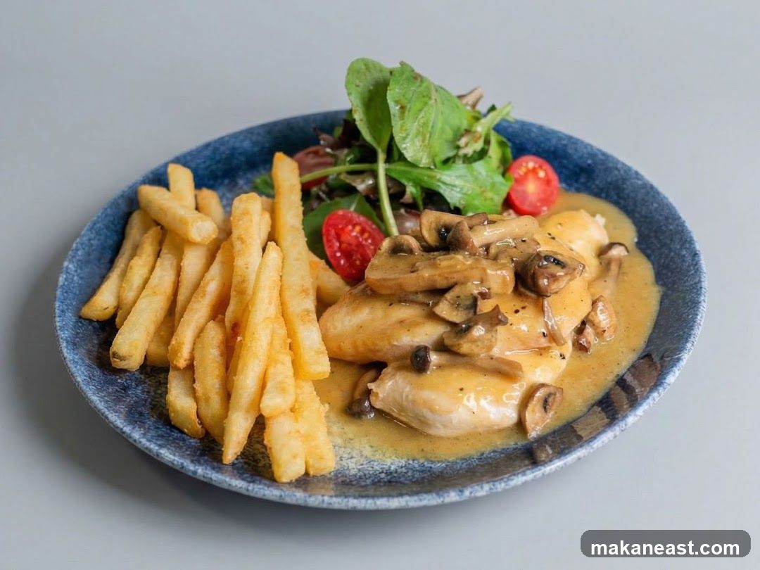 Chicken with Mushroom Sauce and Fries