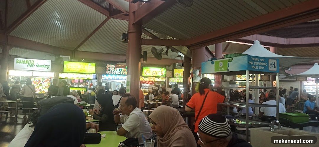 Food court with many stalls and diners