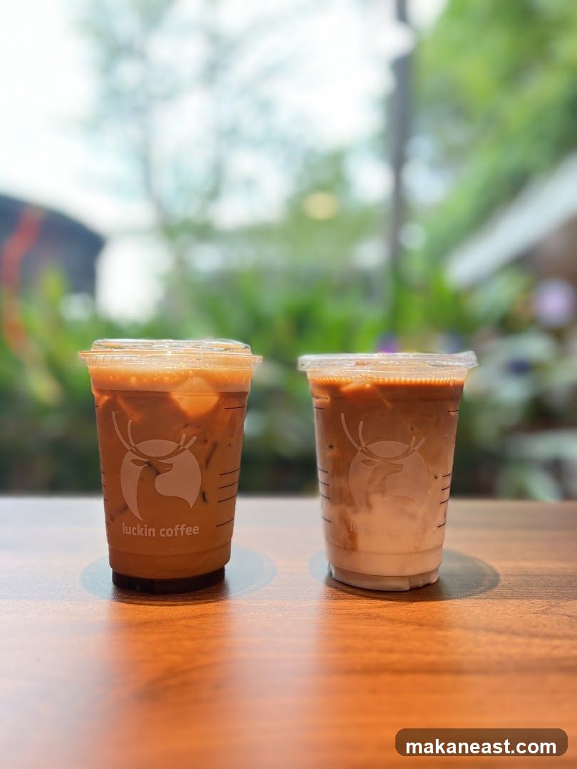 Two iced coffees with Luckin Coffee logo