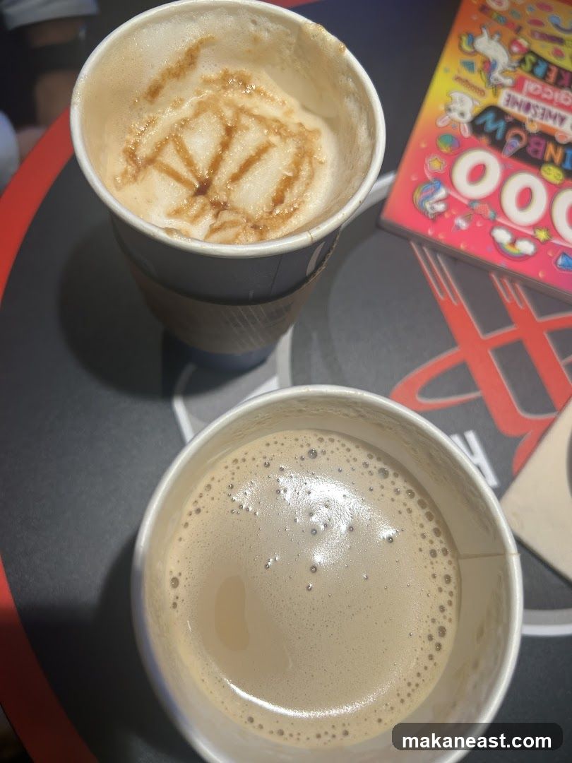 Two coffees and a colorful booklet