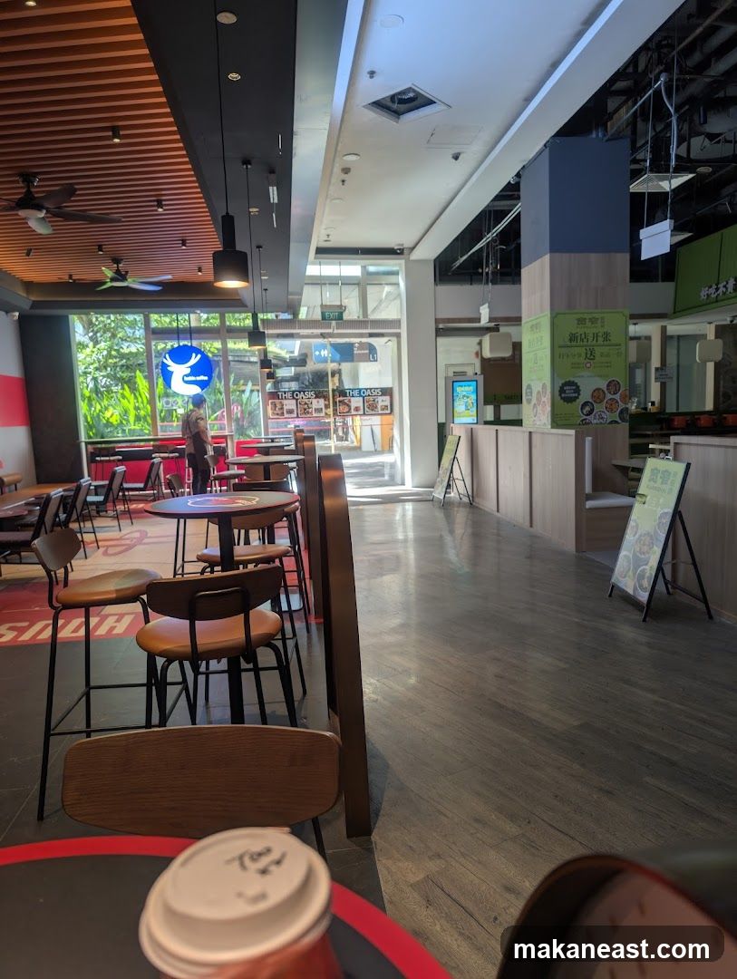 Interior of a cafe with seating and a counter