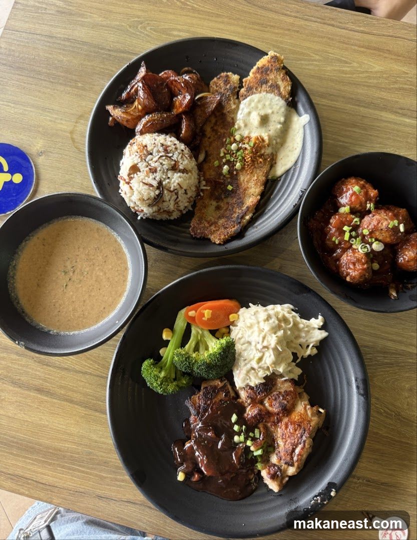 Plates of food on a wooden table