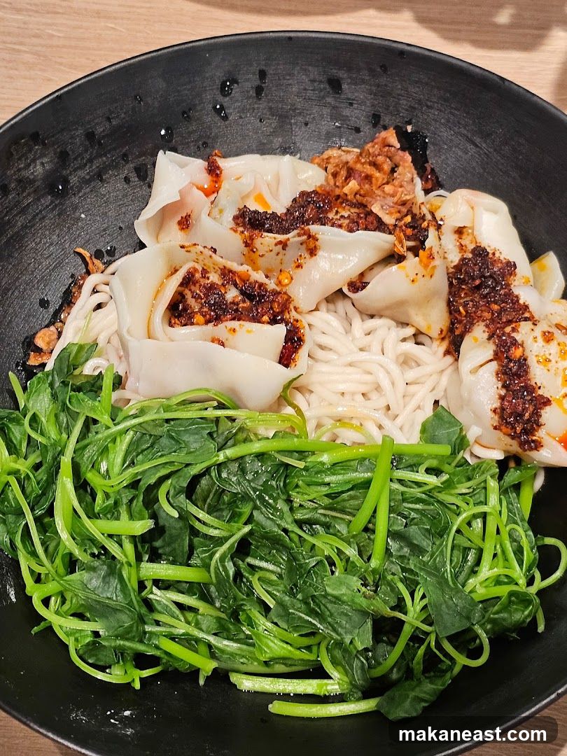 Spicy Wontons with Noodles and Greens