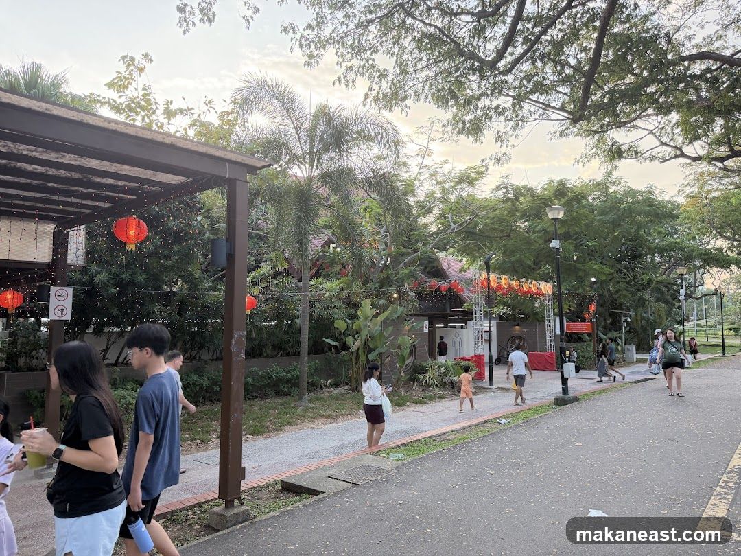 Park scene with people and decorations