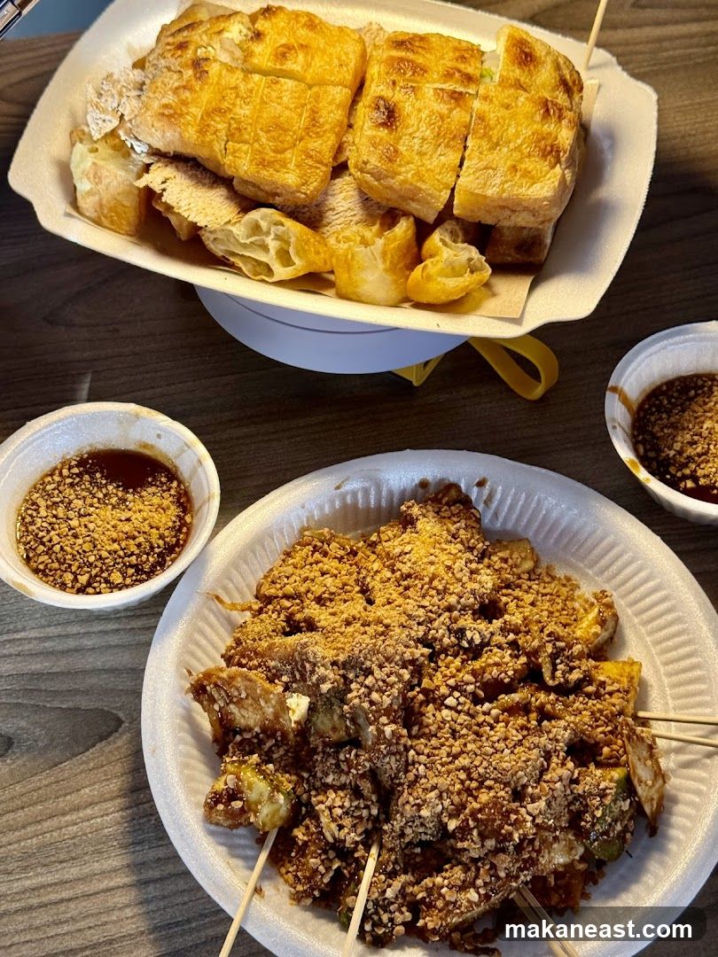 Fried Tofu and Skewers with Peanut Sauce