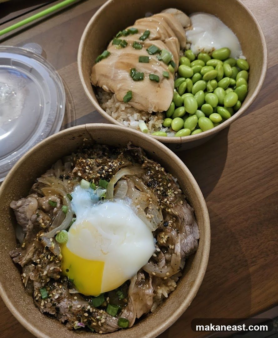 Two bowls of rice with toppings