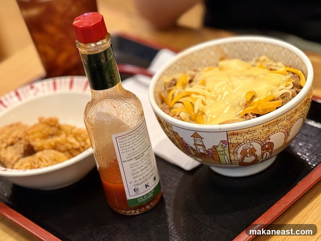 Beef Bowl with Cheese and Fried Chicken