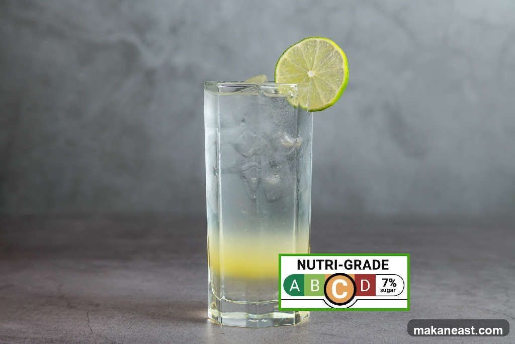 Glass of drink with lime and nutri-grade label