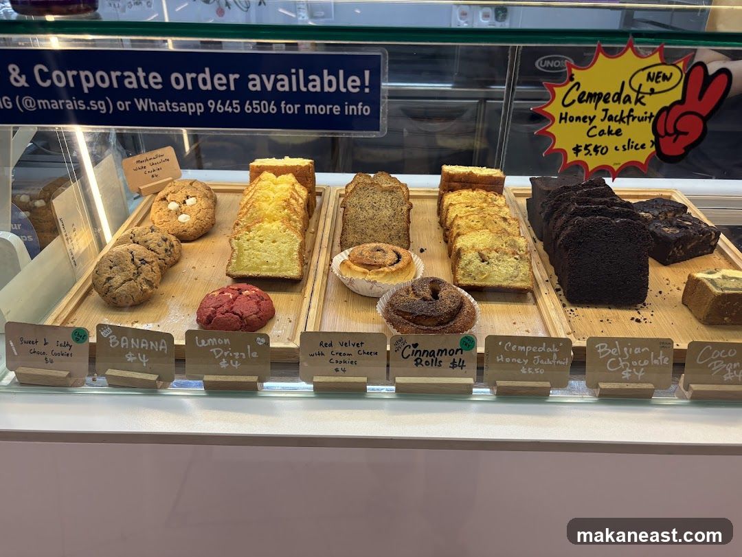 Assortment of baked goods in a display case