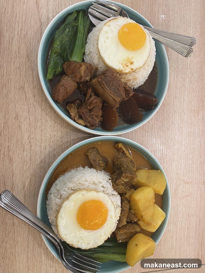 Two rice bowls with meat and egg