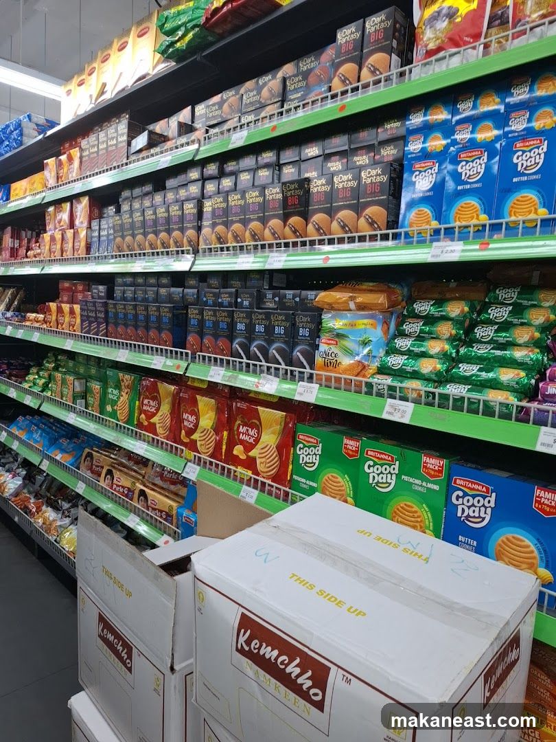 Supermarket Aisles with Packaged Snacks