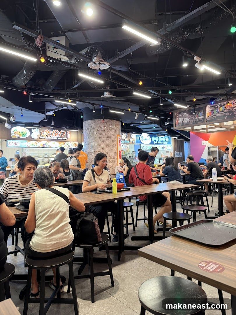 Food court interior with diners