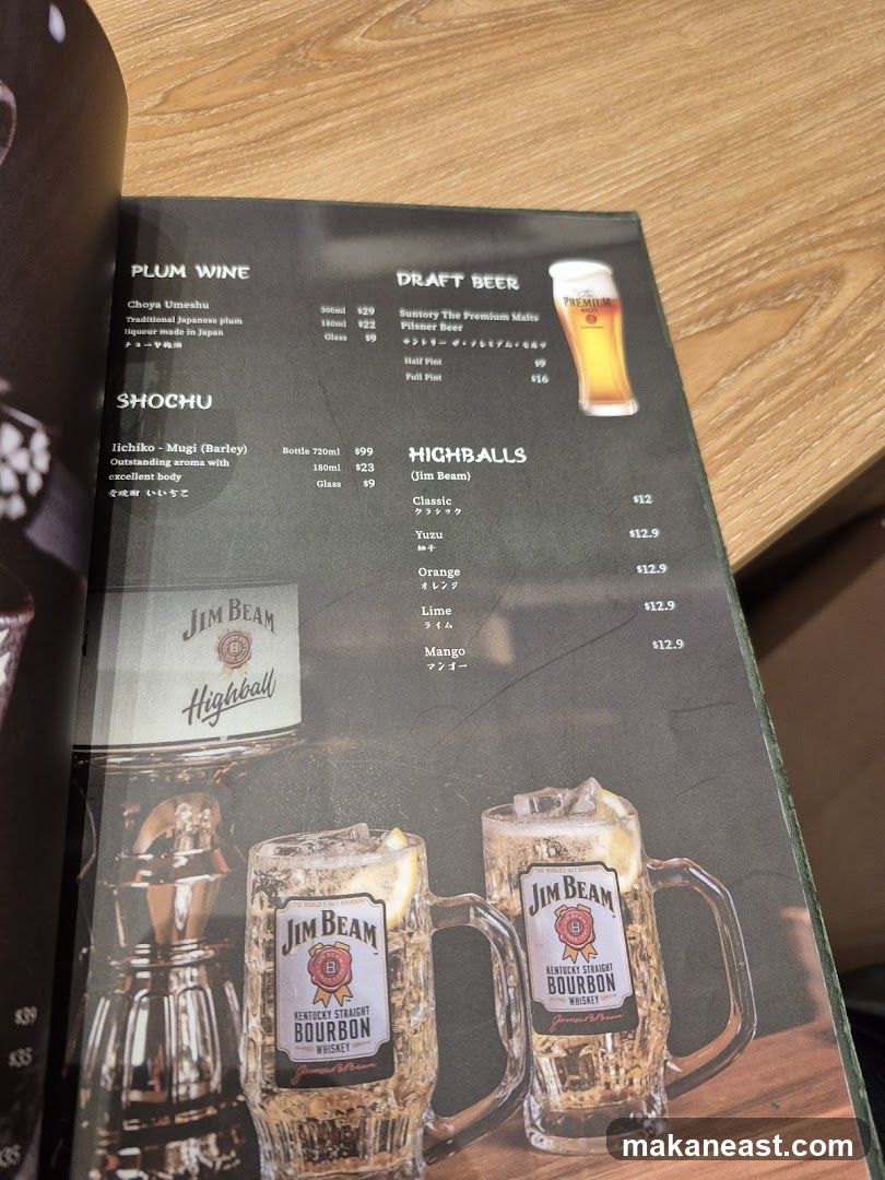 Plum Wine, Shochu, Draft Beer, and Highballs Menu