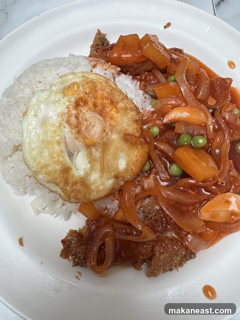 Sweet and Sour Pork with Rice and Fried Egg