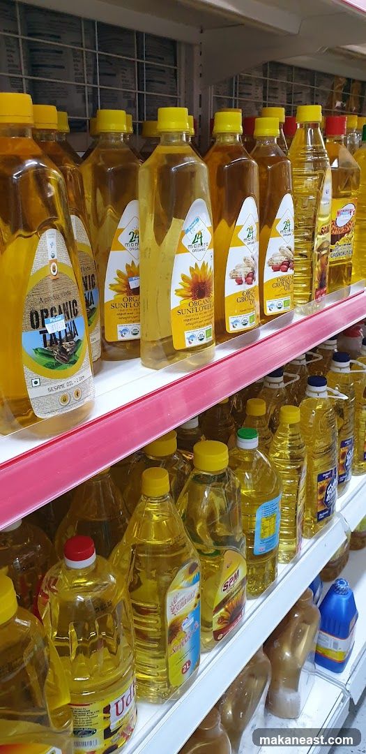 Bottles of cooking oil on shelves