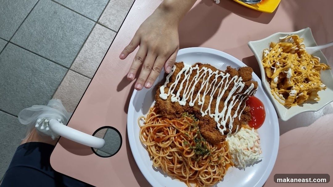Chicken Cutlet with Spaghetti and Cheese Fries